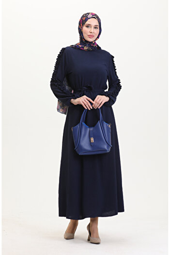 sefamerve Straight Dress with Ruffled Sleeves 2002-10 Navy