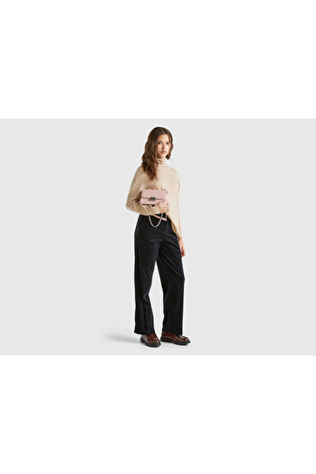 United Colors of Benetton Women's Black Cotton Blended Wide Leg Velvet Trousers with Elastic Back Pockets