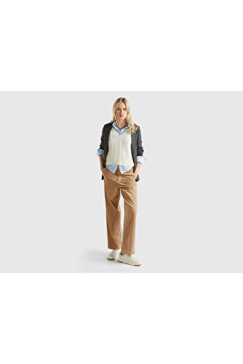 United Colors of Benetton Women's Brown Cotton Blended Wide Leg Velvet Trousers with Elastic Back Pockets