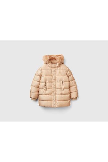 United Colors of Benetton Girl's Gold Chest Logo Embroidered Zippered Button Closure Long Pufa Coat