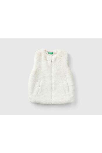 United Colors of Benetton Girl's Ecru Fur Vest with Zipper Closure and Front Pocket