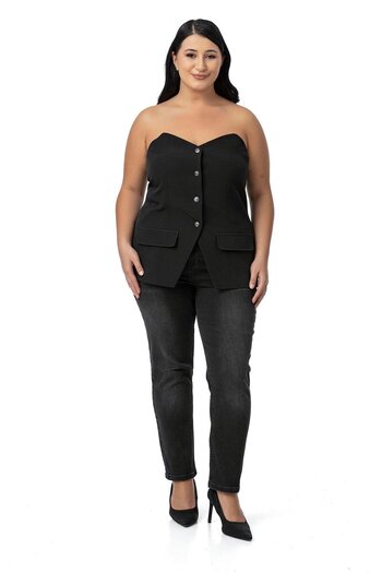DISENTIS MODEST Plus Size Ornamental Pocket Cover Black Bustier with Elastic Back Button