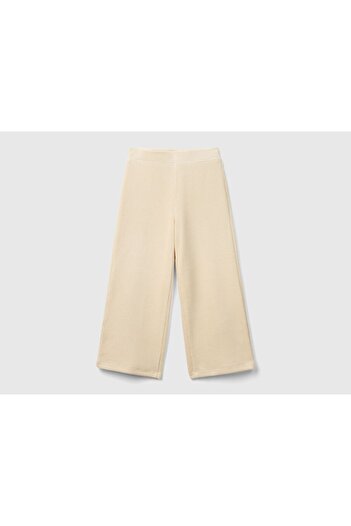 United Colors of Benetton Girl's Ecru Wide Leg Trousers with Logo Embroidered on the Back
