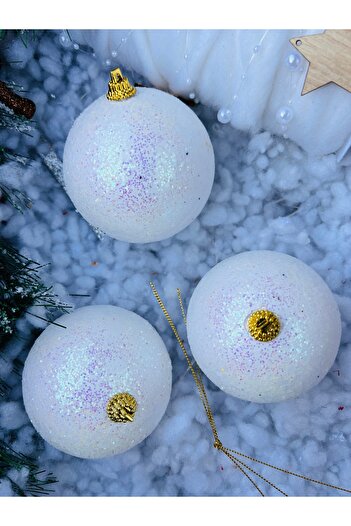 Derin Düşler Christmas Pine Tree Ornament Glitter White Ball Ornament 8cm 3 Pieces Tree Ornament Pine Tree Ornament