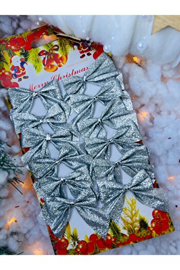 Derin Düşler Shiny Silver Silver Ribbon - 6 cm Pine Tree Ornament, 12 Pcs Bows
