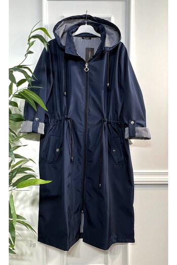 Aşkı Endam Large Size Dream Detachable Hooded Striped Inside Medium Trench - Navy Blue