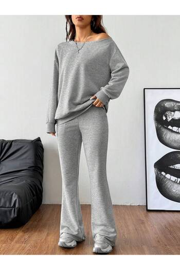 Butik Gray Loose Wide Collar High Waist Spanish Leg Pants Sweatshirt Suit