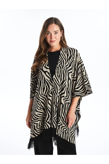 LC Waikiki Lcw Grace Beige Shawl Collar Patterned Oversize Women's Knitwear Poncho