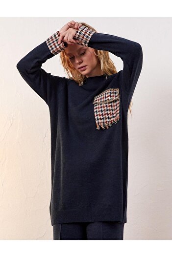 Kayra Half Turtleneck Houndstooth Garnished Knitwear Tunic Stone