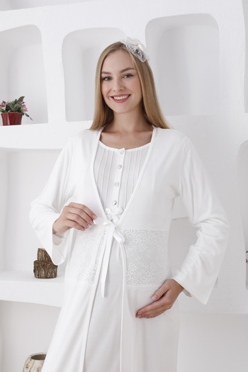 ERDENİZ TEKSTİL Pregnant Front Buttoned Nightgown and Dressing Gown Set of 2 - Slippers and Crown Gift