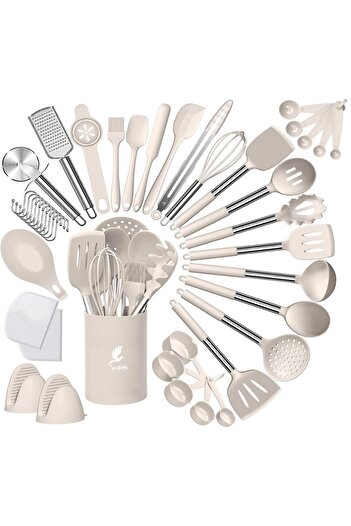 valletta Manila 43-Piece Heat-Resistant Silicone Fireproof Non-Stick Serving Set with Stand Vanilla