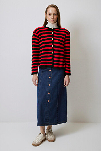 Touché Privé Gold Buttoned Striped Short Cardigan