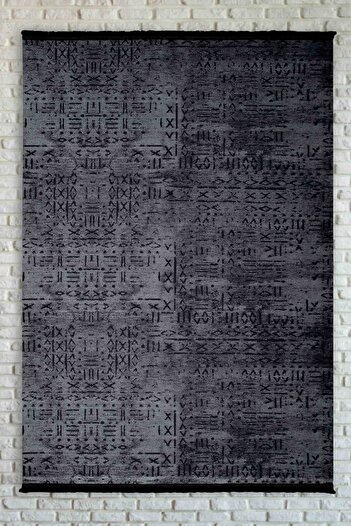 Oriente Home Nordic Patterned Anthracite Washable Non-Slip Base Chenille Machine Carpet 7807