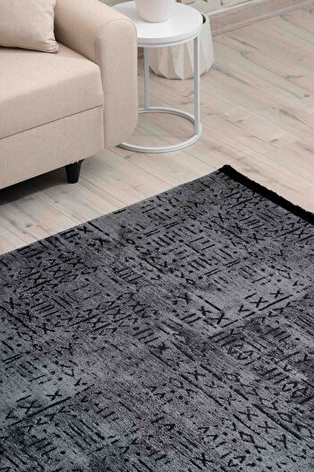 Oriente Home Nordic Patterned Anthracite Washable Non-Slip Base Chenille Machine Carpet 7807