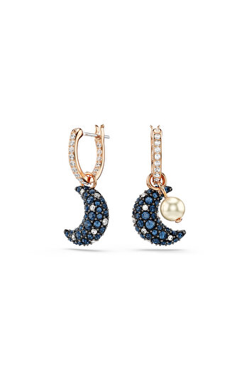 Swarovski Luna Damla Küpeler, Kristal Inci, Asimetrik Tasarım, Ay, Çok Renkli, Pembe Altın Rengi Kaplama