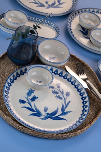 Kütahya Porselen 6-Person Blue Ottoman Elegance Breakfast Set - 14 Pieces