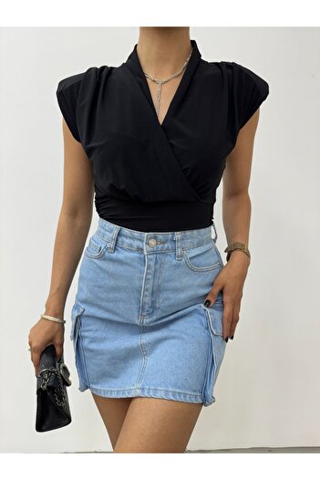 Modamorfo Double Breasted Model Sandy Blouse with Zero Sleeves - Black