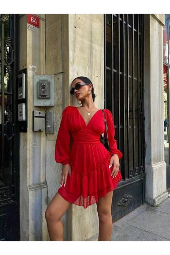 THE RULE Pompom Tulle Detail Chiffon Mini Red Dress Wrf0005