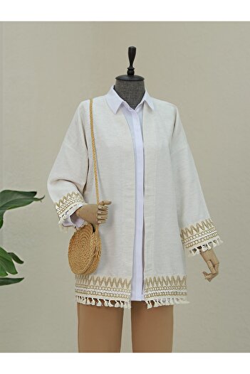 Modamorfo Tassel Detailed Linen Kimono - Sleeve and Skirt