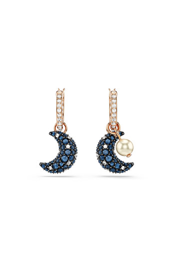 Swarovski Luna Damla Küpeler, Kristal Inci, Asimetrik Tasarım, Ay, Çok Renkli, Pembe Altın Rengi Kaplama
