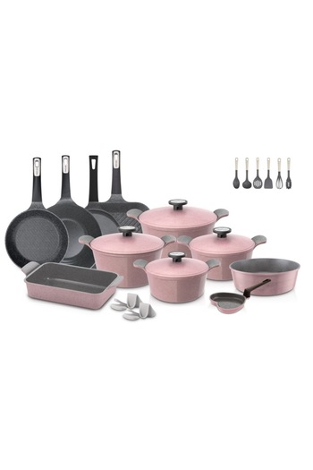 NEOFLAM ,POTE,Cooking Set of 25Pcs,Cast Aluminum,Nonstick Ecolon Coating,Pink Marble