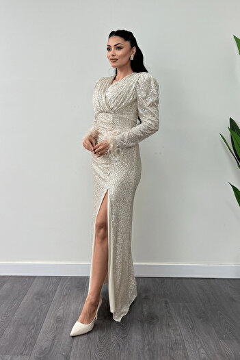 giyimmasalı Sequin Fabric Otrish Detailed Evening Dress - Gold
