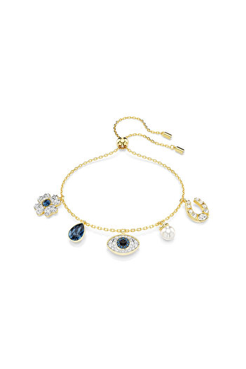 Swarovski Symbolica Bileklik, Kristal inci, Yonca, nazarlık ve at nalı, Mavi, Altın rengi kaplama