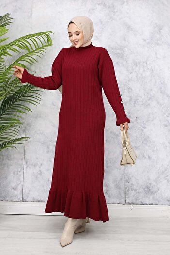 benguen Fırfırlı Triko Elbise Bordo 23009
