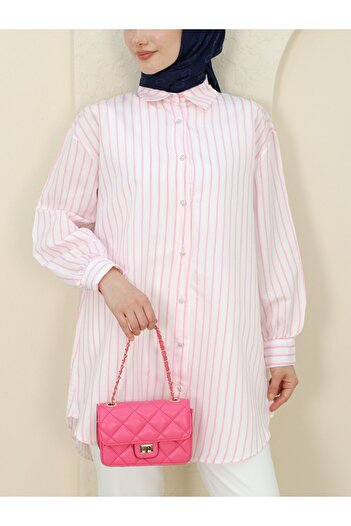 Modamorfo Thin Striped Rhinestone Buttoned Loose Shirt -Pink