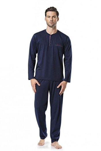 Pierre Cardin Men's Pocketed Combed Cotton Navy Blue Pajama Set Thclvr.54.54.01