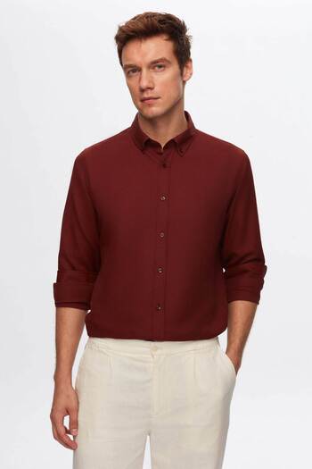 D'S Damat Cotton Slim Fit Shirt - Copper Dobby, Buttoned Collar