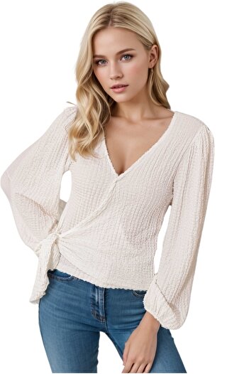 Cassime Women's Ecru Wrap Collar Belted Trend Casual Knitted Blouse