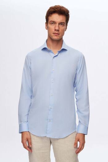 D'S Damat Slim Fit Modrý italský límec Dobby Dlouhý rukáv Snadné žehlení Prodyšný Four Seasons