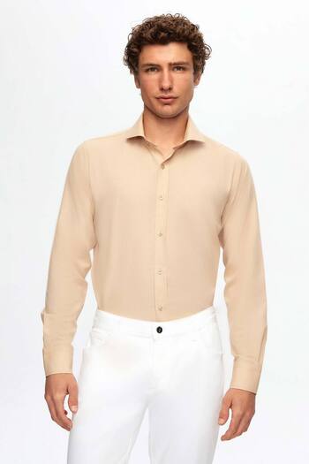 D'S Damat Ds Damat Slim Fit Bej Klasik Kravatlık Uzun Kol Kolay Ütülenebilir Gömlek