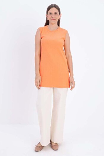 ALLDAY Light Orange-Cotton Ribbed Sleeveless T-Shirt