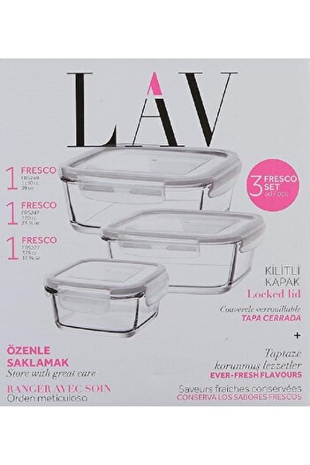 LAV Feyzade Set of 3 Glass Storage Containers with Lock - Fresco Square (1150Cc-720Cc-375Cc)