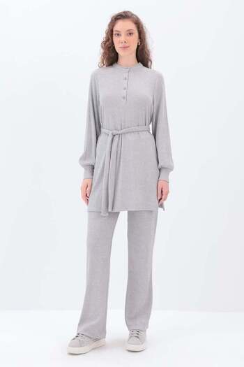 ALLDAY Gray-Half Placket Belted Trousers Set