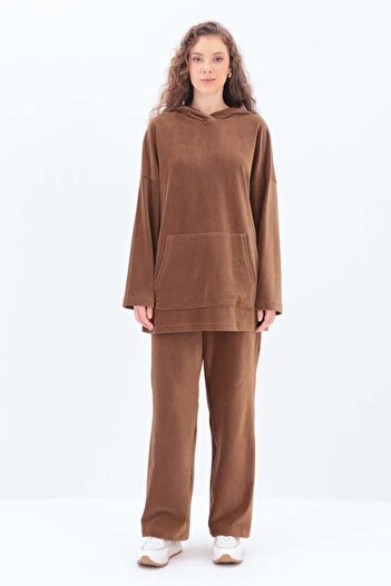 ALLDAY Light Brown Hooded Kangaroo Pocket Lycra Trousers Suit