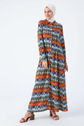 ALLDAY Viscose Shirt Dress with Orange-Sax-Pencil Pattern