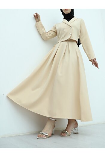 Modamorfo Beige Color Pearl Buttoned Skirt and Jacket Set