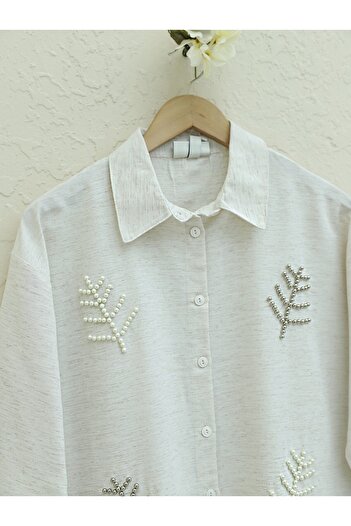 Modamorfo Linen Shirt - Leaf Motif and Pearl, Stone Color