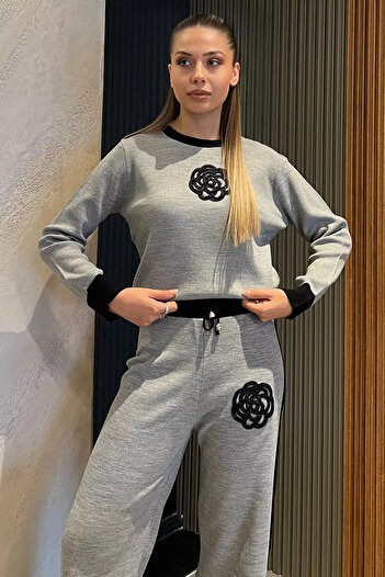 GÜLSELİ Gray Women's Stone Embroidered Sweater Trousers Knitwear Double Set