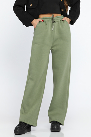 julude Light Khaki Women's Waist Lace-Up Three Thread Ribbed Wide Leg Palazzo Bottom Tracksuit