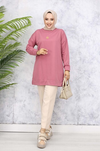 benguen 5034 Model Dusty Rose Brooch Detailed Tunic