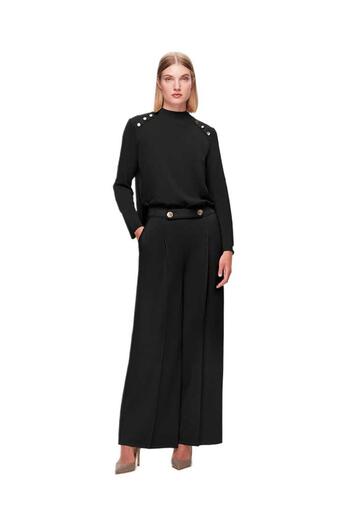 MISS DALIDA Black Button Detailed Wide Leg Trousers T25K-7010
