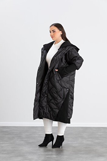 RMG Plus Size Sleeves Ribbed Quilted Coat Black