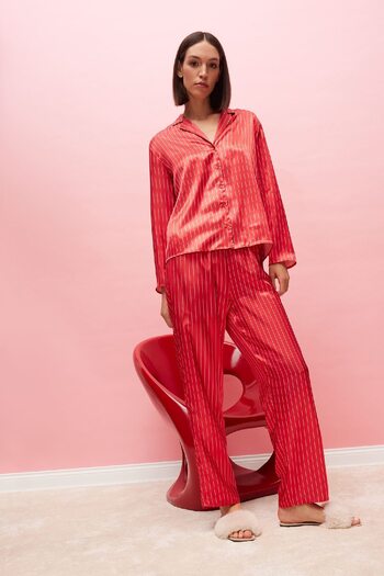 DeFacto Satin Pajama Set - Long Sleeve, Button, Elastic Waist, Long Bottom D6417Ax24Wn