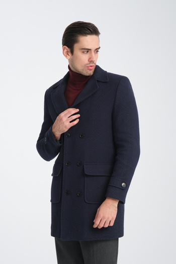Frappoli Men's Thick Stamp Coat - Herringbone Pattern, Regular Fit, Double Breasted