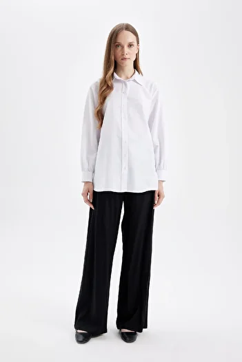 DeFacto Relax Fit White Poplin Shirt Tunic - Long Sleeve, Shirt Collar D4159Ax24Au