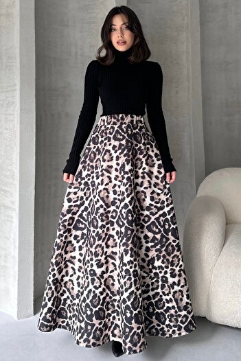 Fav Style Fusta lungă clopot neagră pentru femei cu talie înaltă și buzunare duble cu imprimeu leopard
